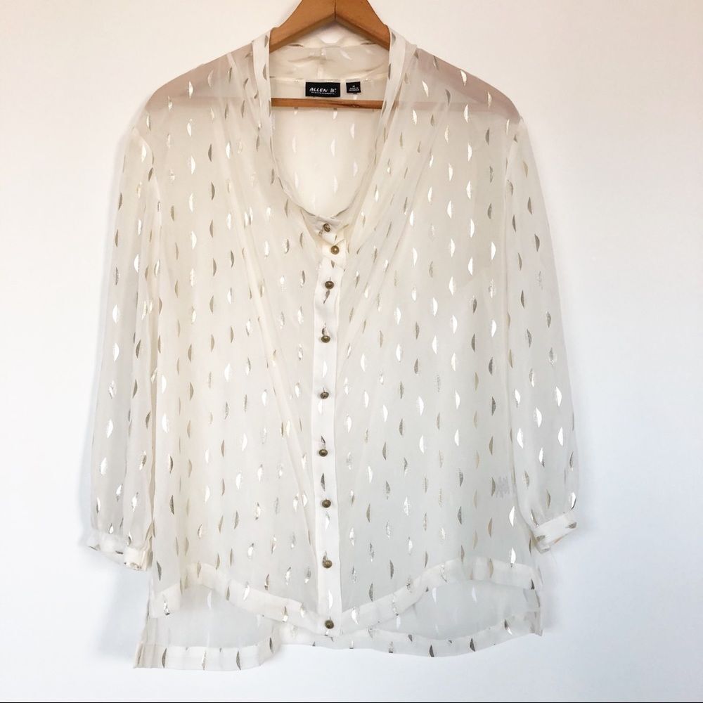 Allen B. Blouse Womens M Sheer Ivory Gold Cowlneck 3/4 Blouson Sleeve